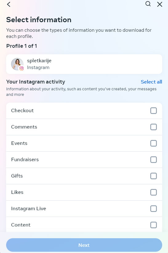 Izberite podatke za prenos z Instagrama.