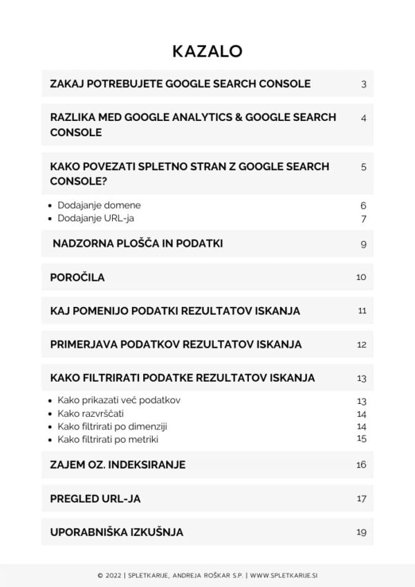 Priročnik Kako uporabljati Google Search Console. Kazalo vsebine.