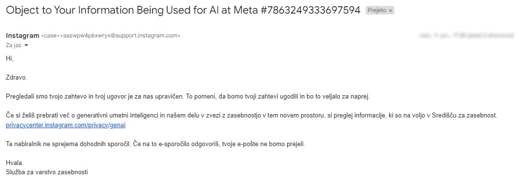 E-poštno sporočilo o zasebnosti od Meta.