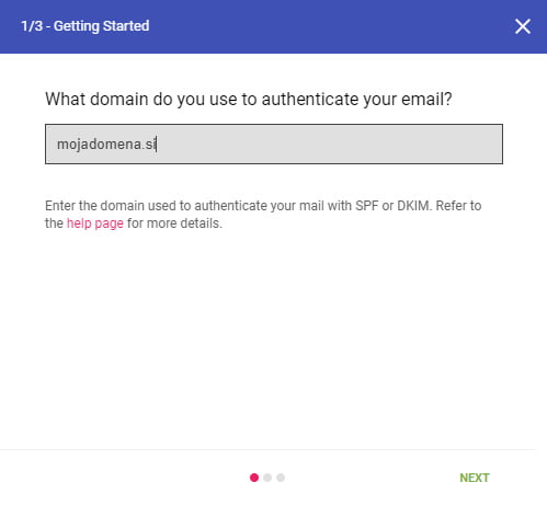 Vnos domene za preverjanje e-pošte.
