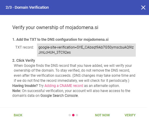 Preverite lastništvo domene s TXT zapisom v DNS.