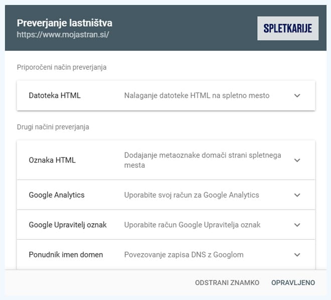 Možnosti preverjanja lastništva spletnega mesta.