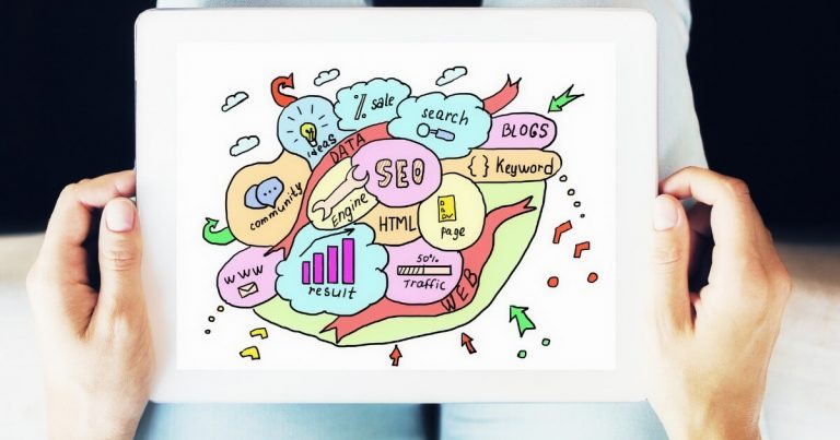 Ilustracija koncepta SEO in spletnega marketinga.